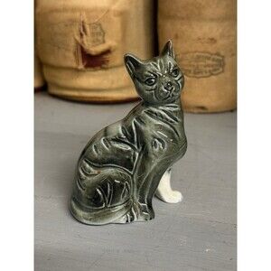 Vintage Ceramic Regal Cat Figurine Mini Green Mottled Glaze Japan Kitty Feline
